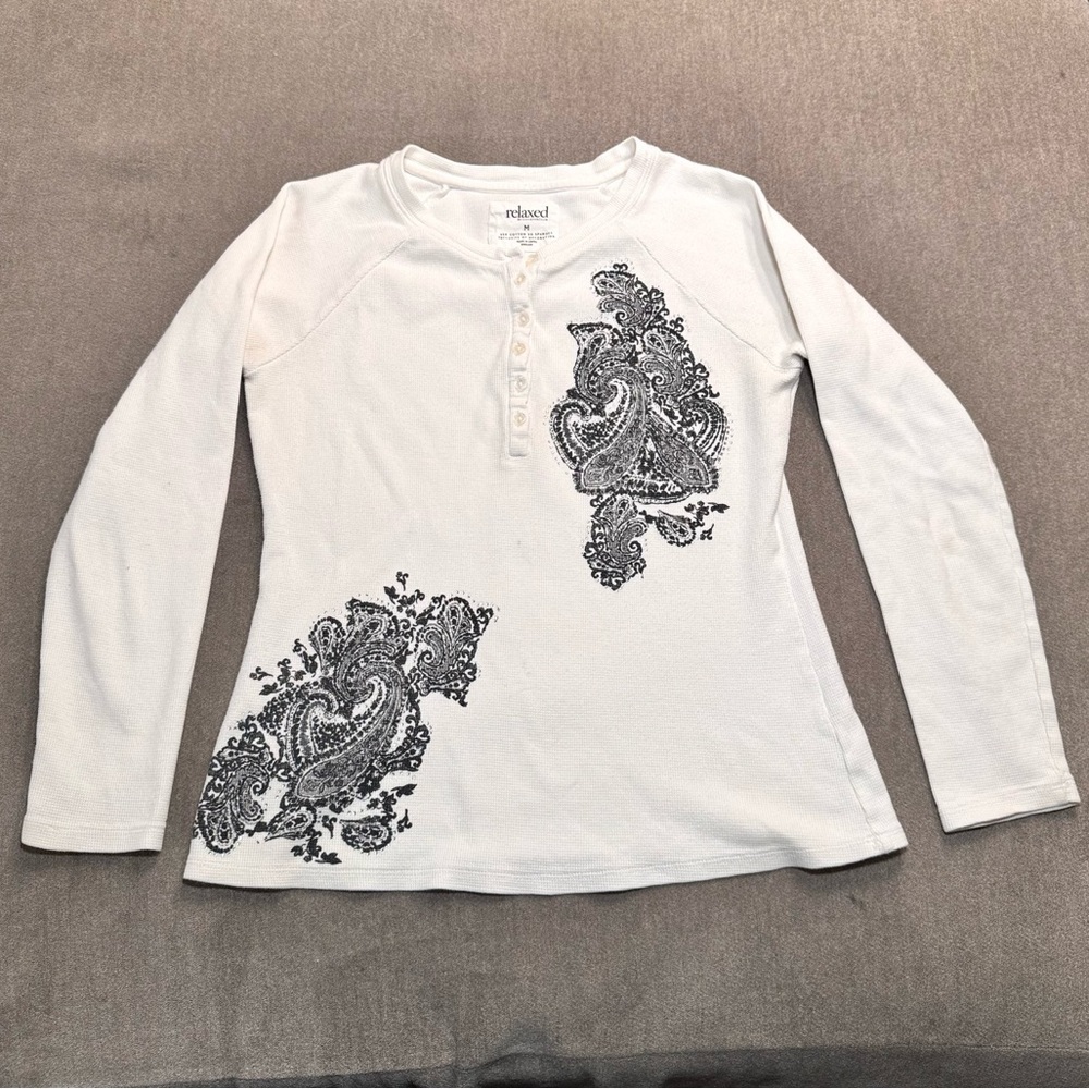 Waffle Knit Y2K Style White Paisley Print Henley Long Sleeve Top